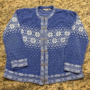 Croft & Barrow Blue White Fair Isle Snowflake Cardigan Metal Clasp Sweater XL